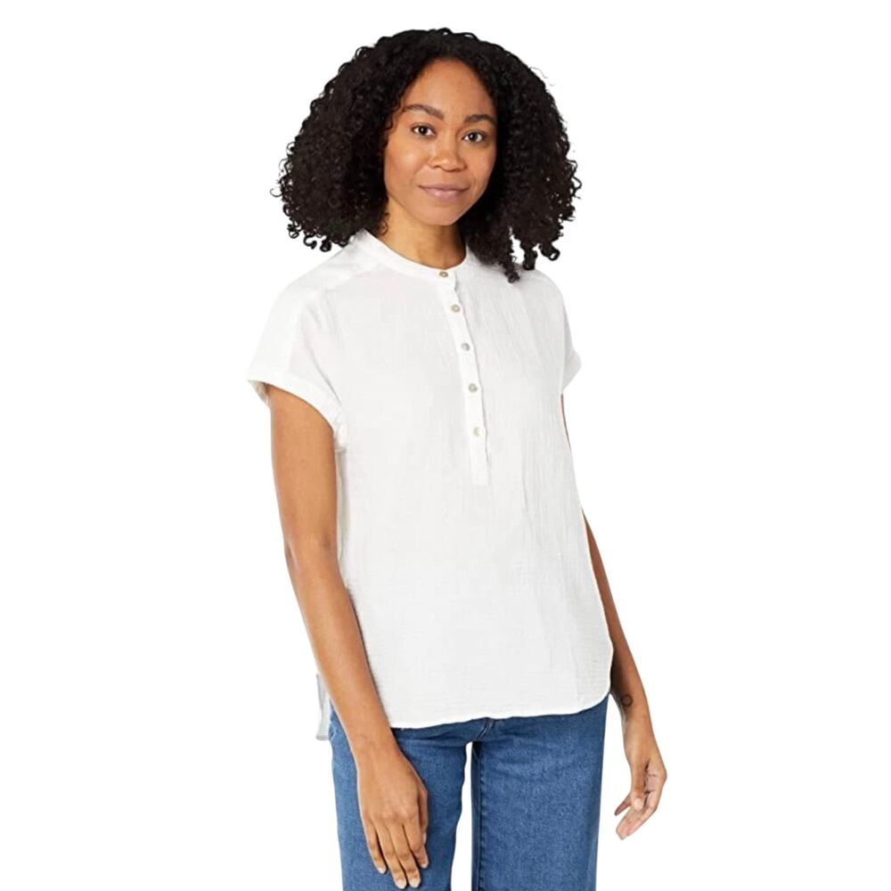 Faherty Desmond White Organic Cotton Gauze Blouse, Cap Sleeve, Women's Large